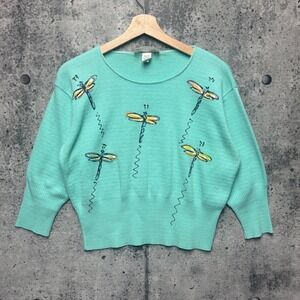 Victoria Vintage Mint Green Dragonfly Handmade Knit Sweater Medium USA Made